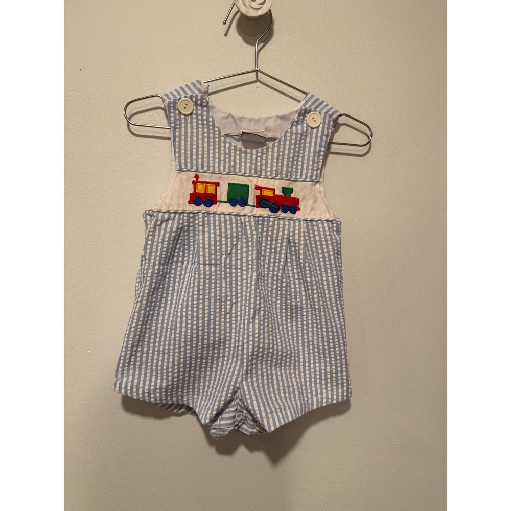 Samara Vintage Locomotive Jon Jon Blue Seersucker Train Romper 12-18 Months
